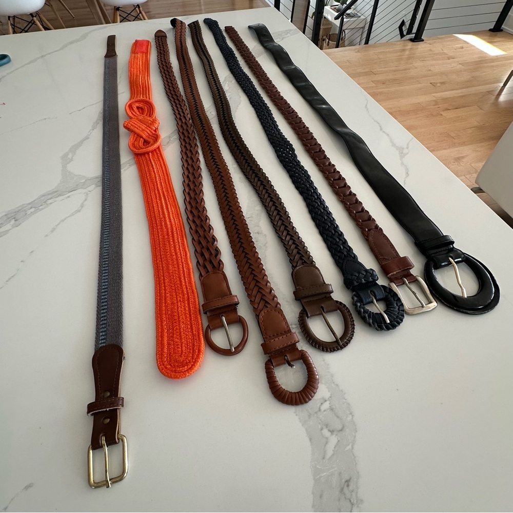 Lot of Vintage Braided Leather and Fabric Belts - Brown, Black, Orange, Gray